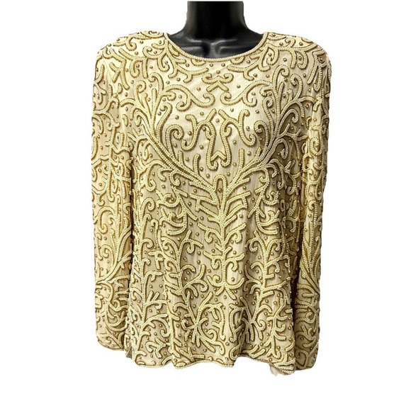 Night Vogue Tops - Vintage 80s Beaded Sequin Embellished Top Women's L Silk Party Glam Mob Wife NWT